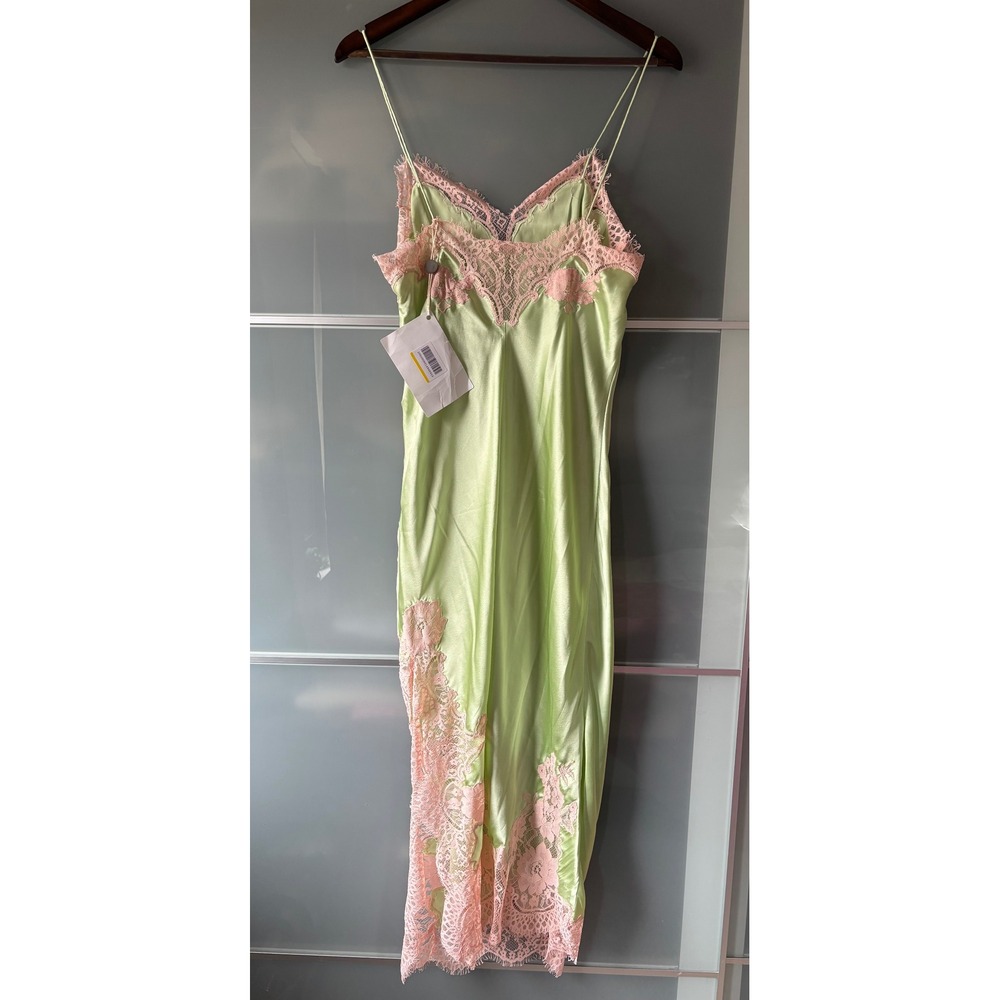 NWT* Alice + Olivia Kerr Midi Slip Dress Satin Green Pink Lace Fairy Romantic 10 - Picture 8 of 15